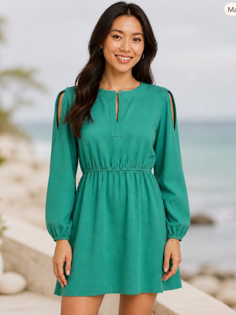 LOFT Green Long-Sleeve Keyhole Waist Dress